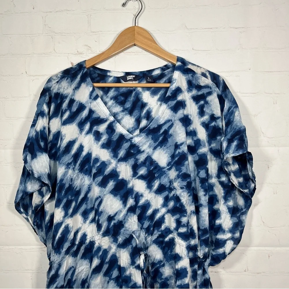 Lands' End Tie Dye Swim Cover Up Womens Large Blue Drawstring Waist Dress Tunic